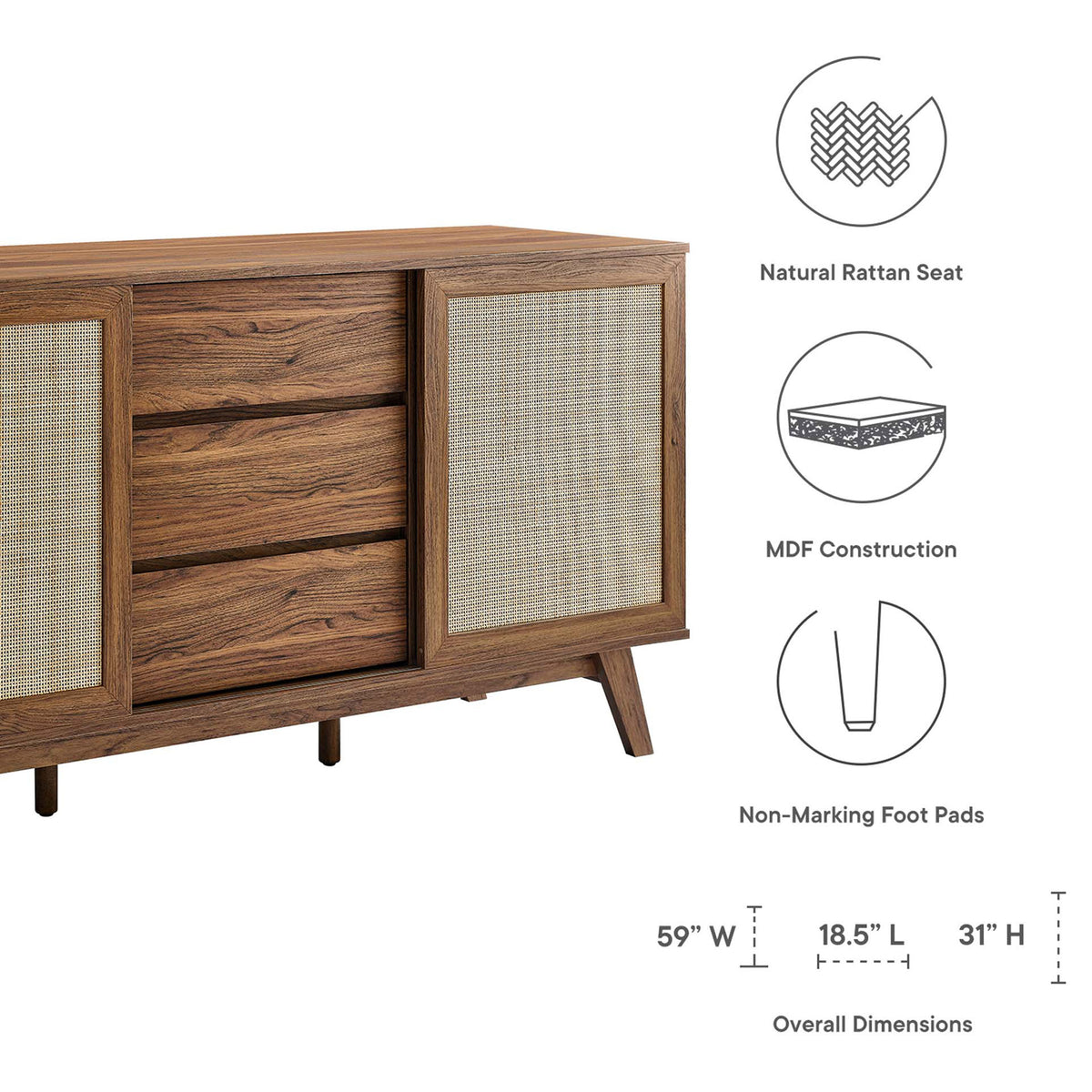 Soma sideboard feature graphic highlighting rattan doors, MDF construction, foot pads, and dimensions || EEI-6043-WAL || dimension_studio