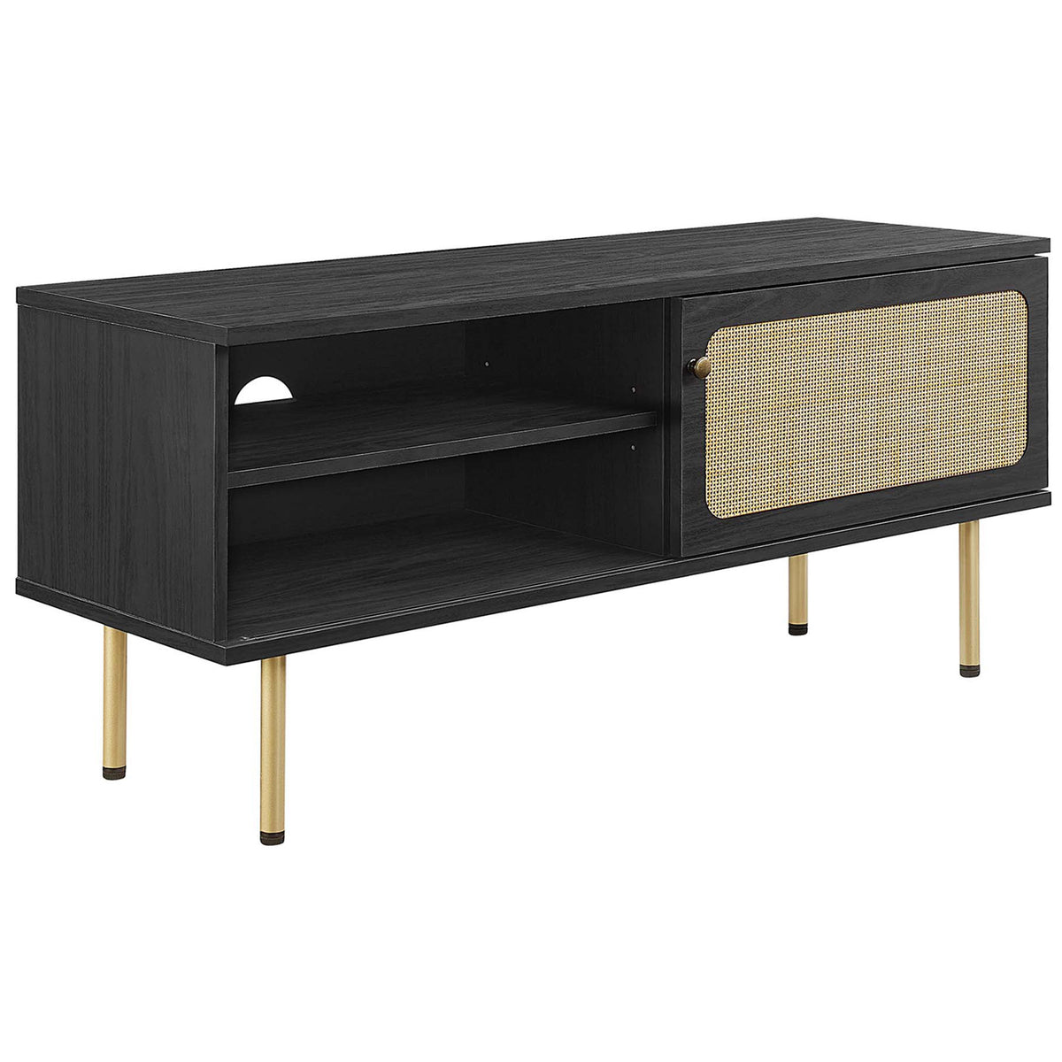 Modern black TV console featuring natural rattan door, cable cutout, and slim gold legs. || EEI-6044-BLK || front_angle_studio