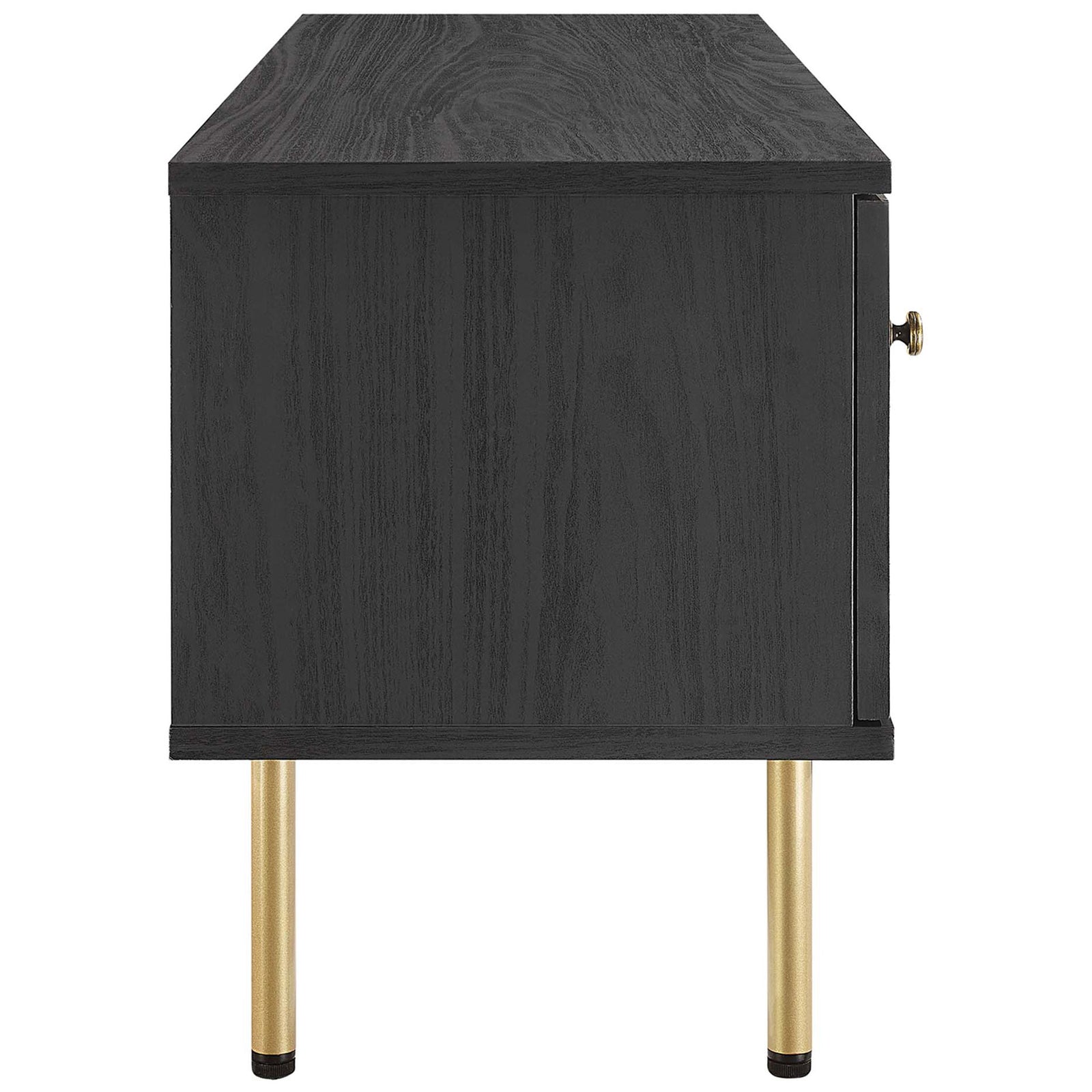 Black TV stand showing wood grain side panel and cylindrical gold legs. || EEI-6044-BLK || side_studio