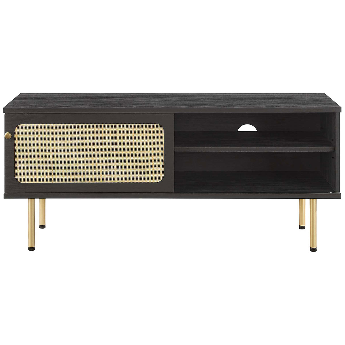 Black media console with woven rattan door partially covering adjustable shelves. || EEI-6044-BLK || front_studio