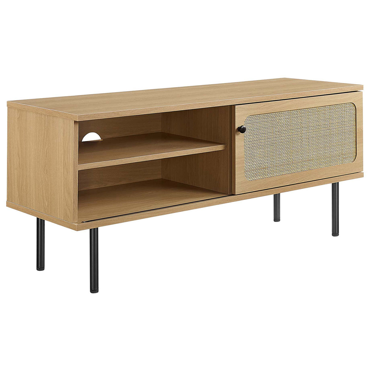 Modern oak TV console featuring natural rattan door, cable cutout, and cylindrical black legs. || EEI-6044-OAK || front_angle_studio