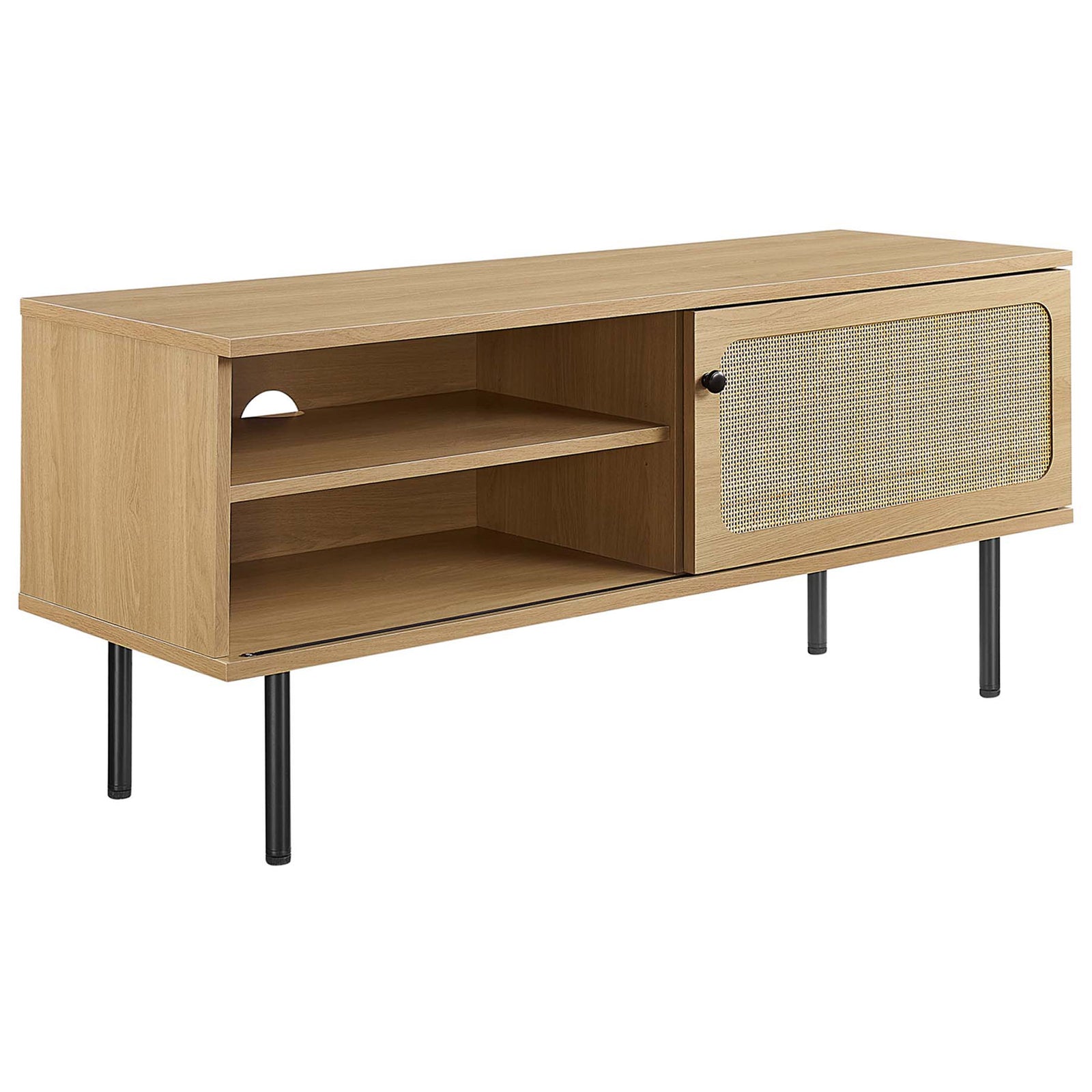Modern oak TV console featuring natural rattan door, cable cutout, and cylindrical black legs. || EEI-6044-OAK || front_angle_studio