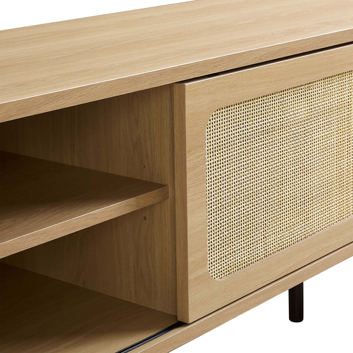 Detail of oak TV stand with woven rattan door and open shelving for media equipment. || EEI-6044-OAK || detail_studio