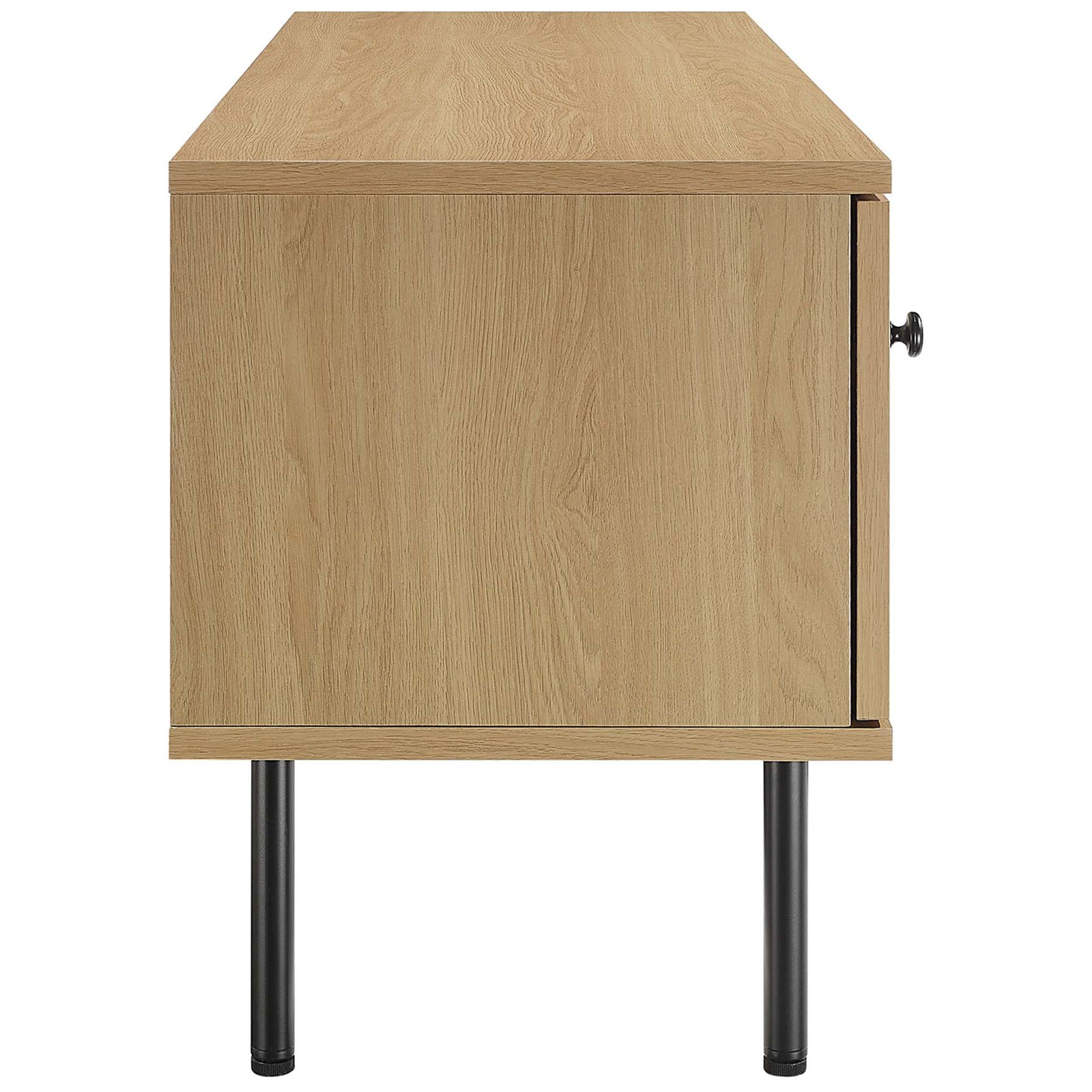 Oak TV stand showing smooth side panel and tall cylindrical black legs. || EEI-6044-OAK || side_studio