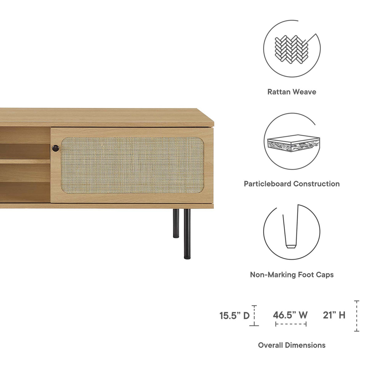 Oak TV stand with rattan door, feature icons, and overall product dimensions displayed. || EEI-6044-OAK || dimension_studio