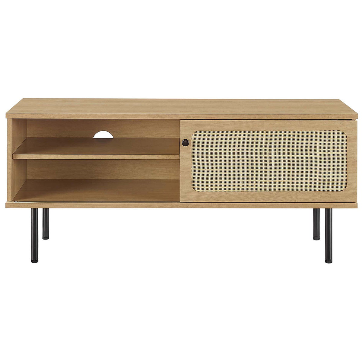 Oak TV stand with rattan sliding door, open media shelves, and slim black metal legs. || EEI-6044-OAK || front_studio