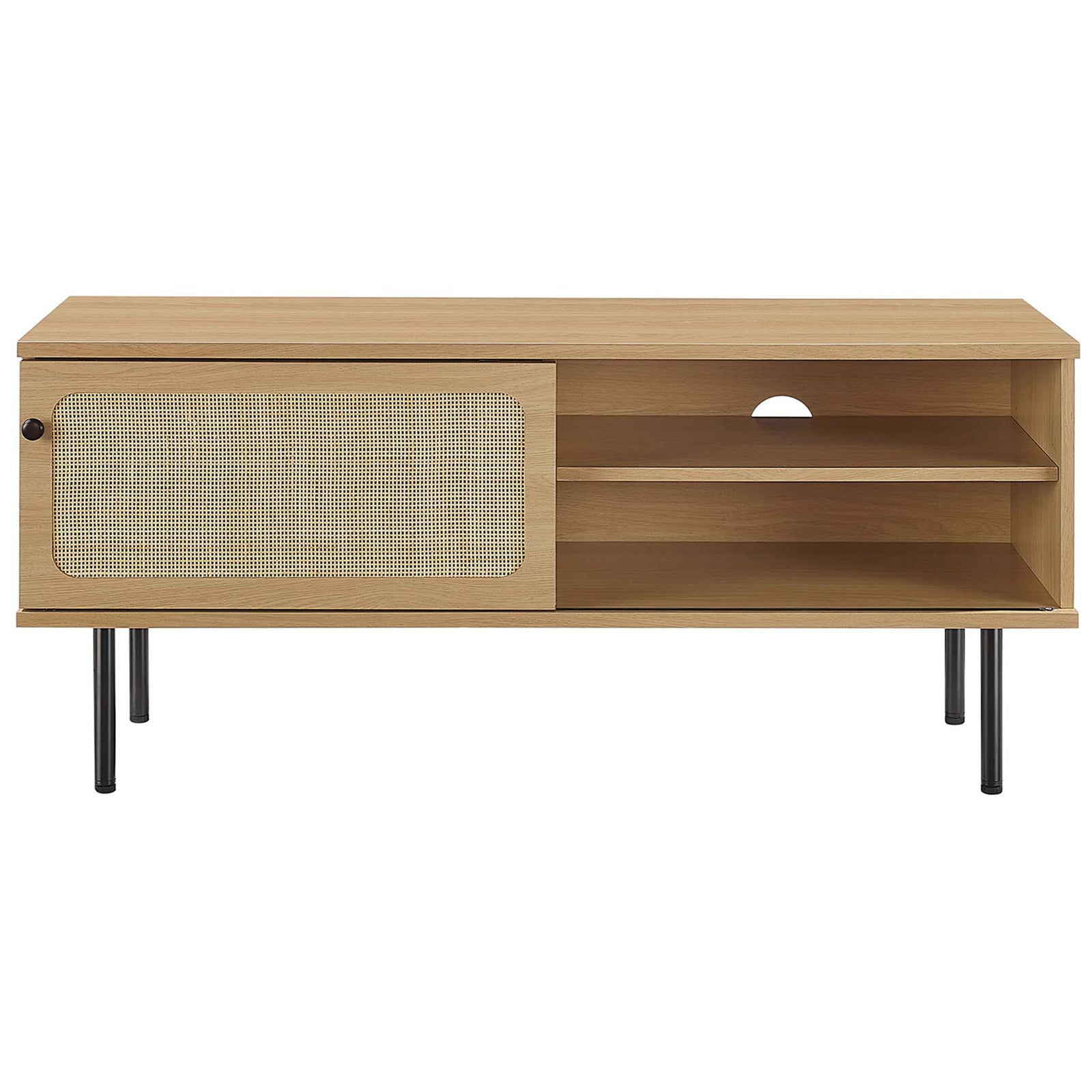 Oak media console with woven rattan door gliding to reveal spacious shelving. || EEI-6044-OAK || front_studio