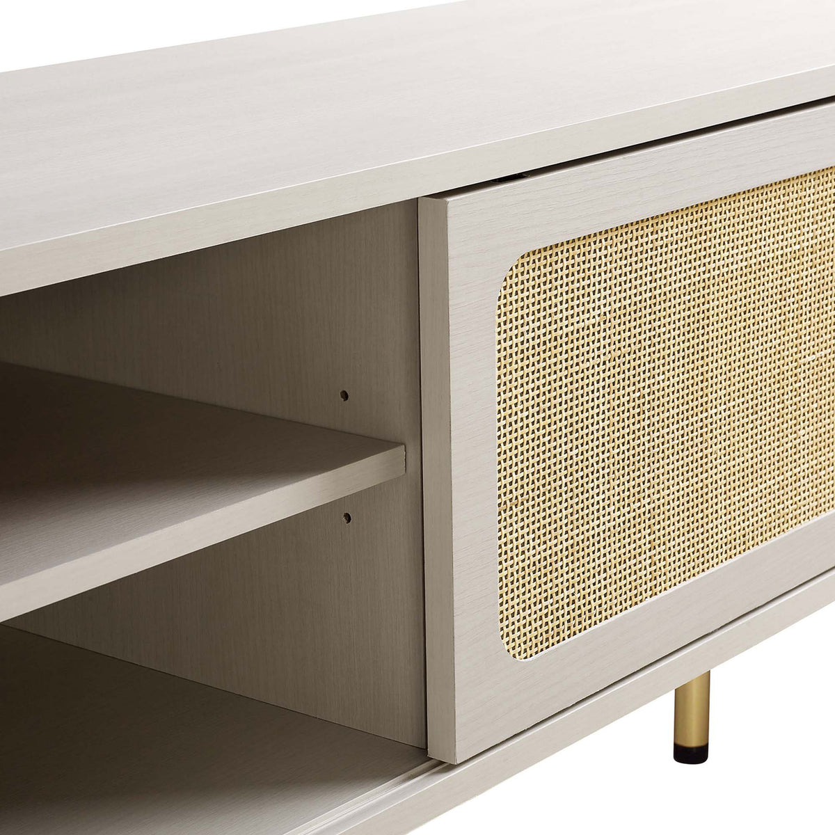 Detail of white TV stand with woven rattan door and open shelving for media devices. || EEI-6044-WHI || detail_studio