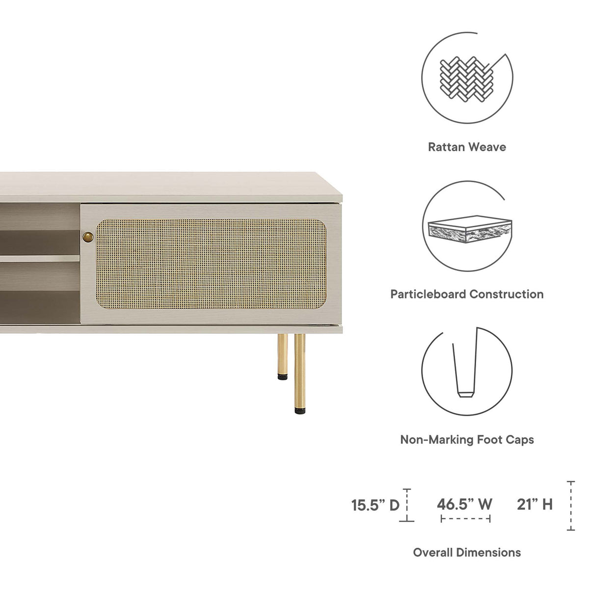 White TV stand with rattan door, feature icons, and overall product dimensions noted. || EEI-6044-WHI || dimension_studio