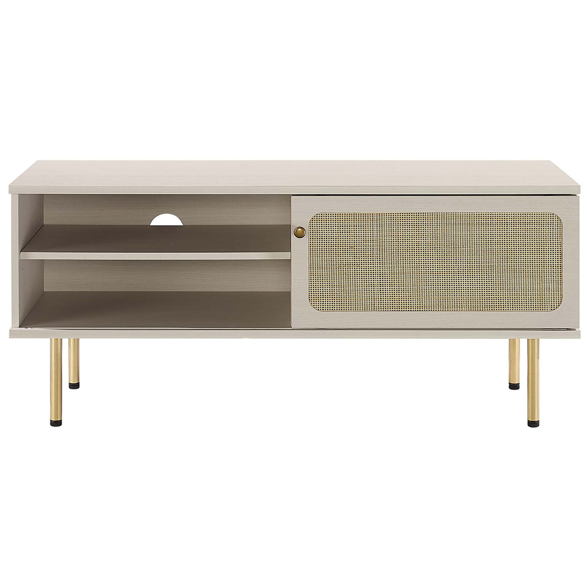 White TV stand with rattan sliding door, open media shelves, and slender gold legs. || EEI-6044-WHI || front_studio
