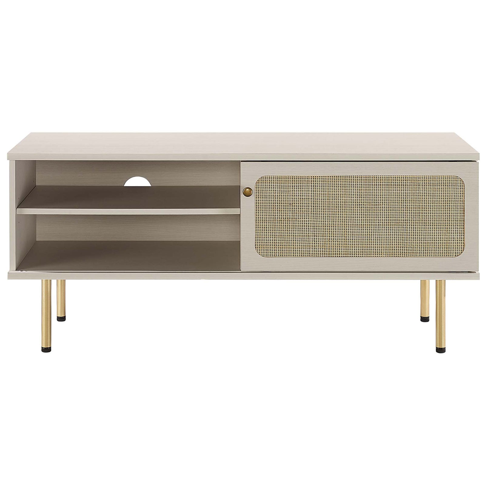 White TV stand with rattan sliding door, open media shelves, and slender gold legs. || EEI-6044-WHI || front_studio