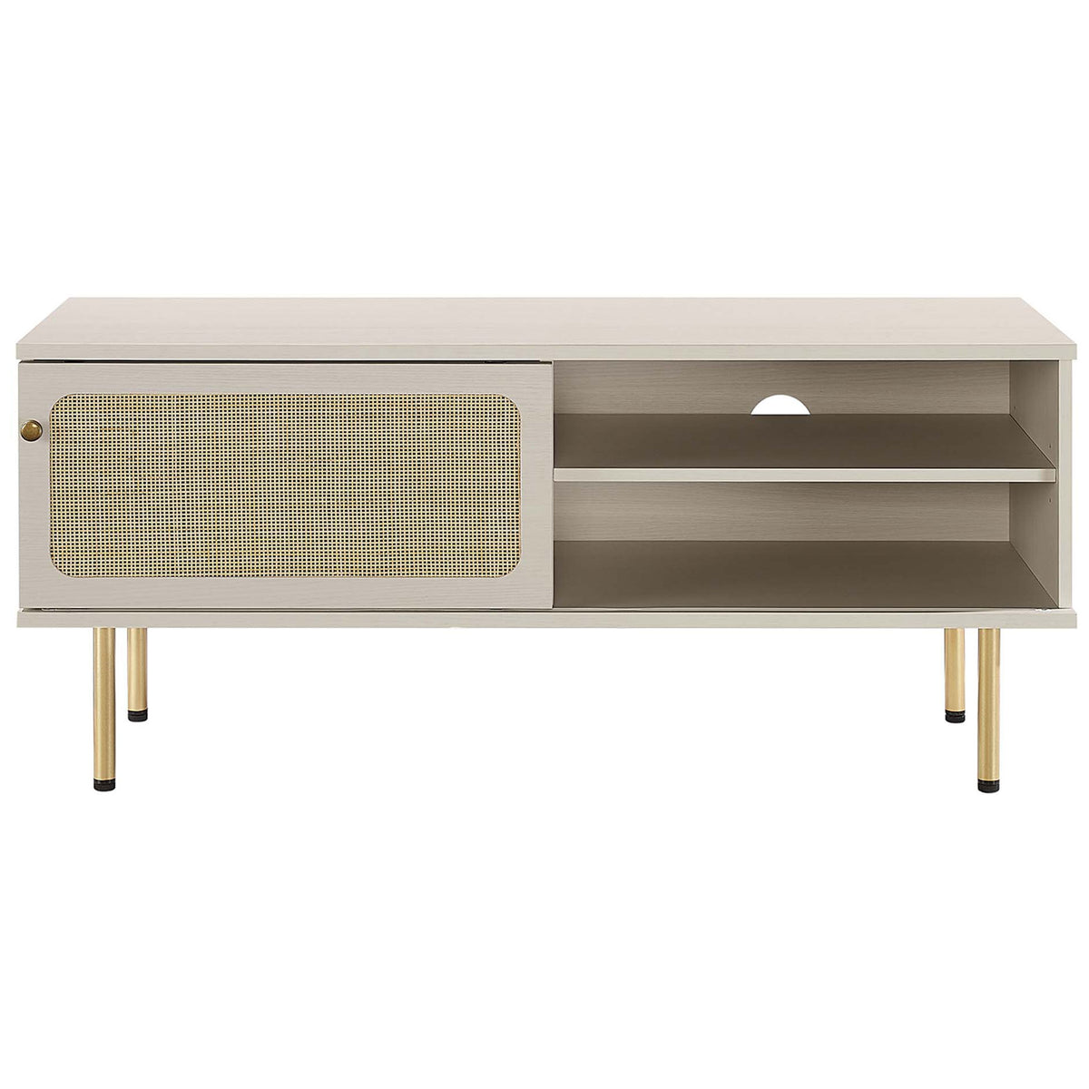 White media console with woven rattan door positioned to reveal generous shelving. || EEI-6044-WHI || front_studio