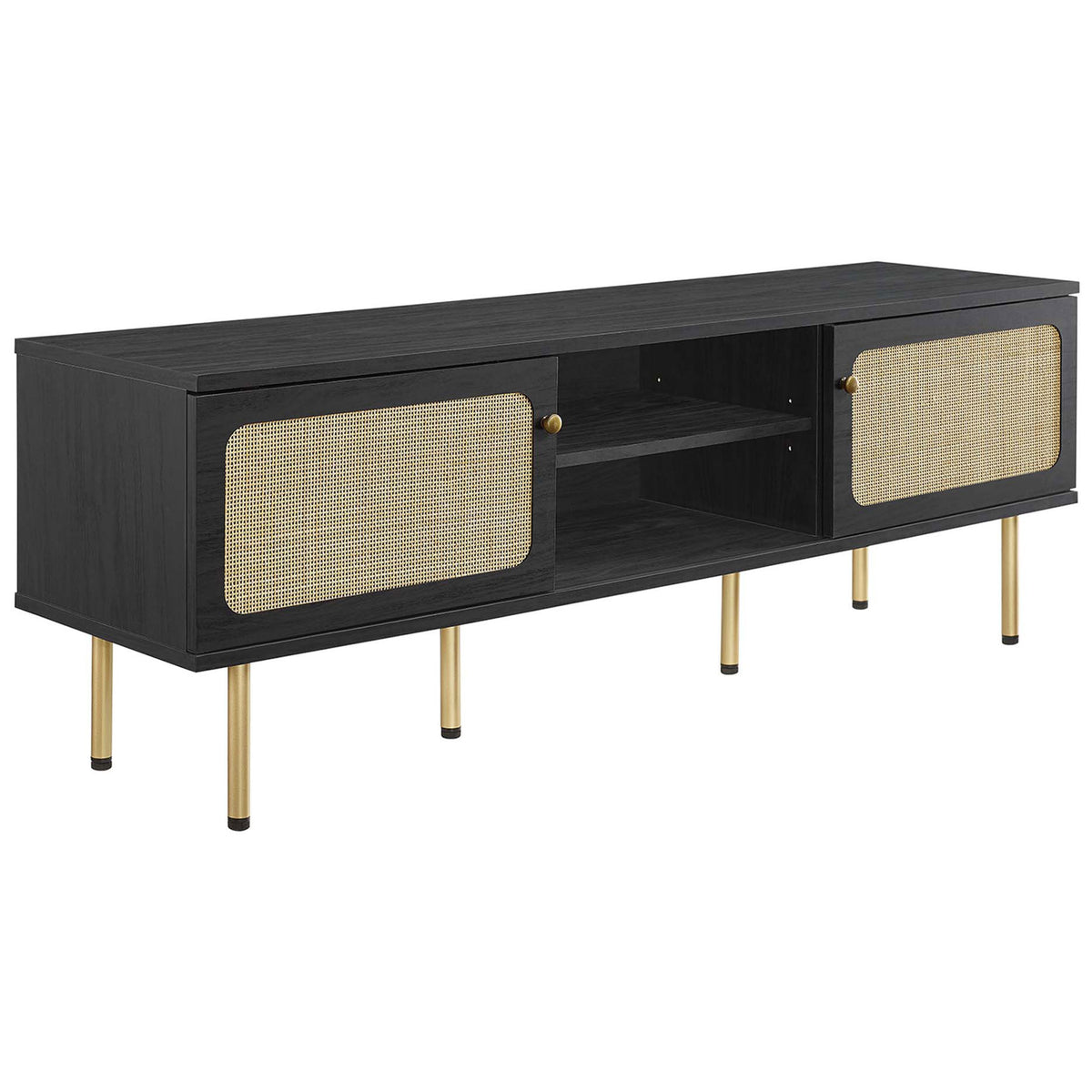 Modern black TV console featuring dual rattan doors, central shelves, and slim gold legs. || EEI-6045-BLK || front_angle_studio