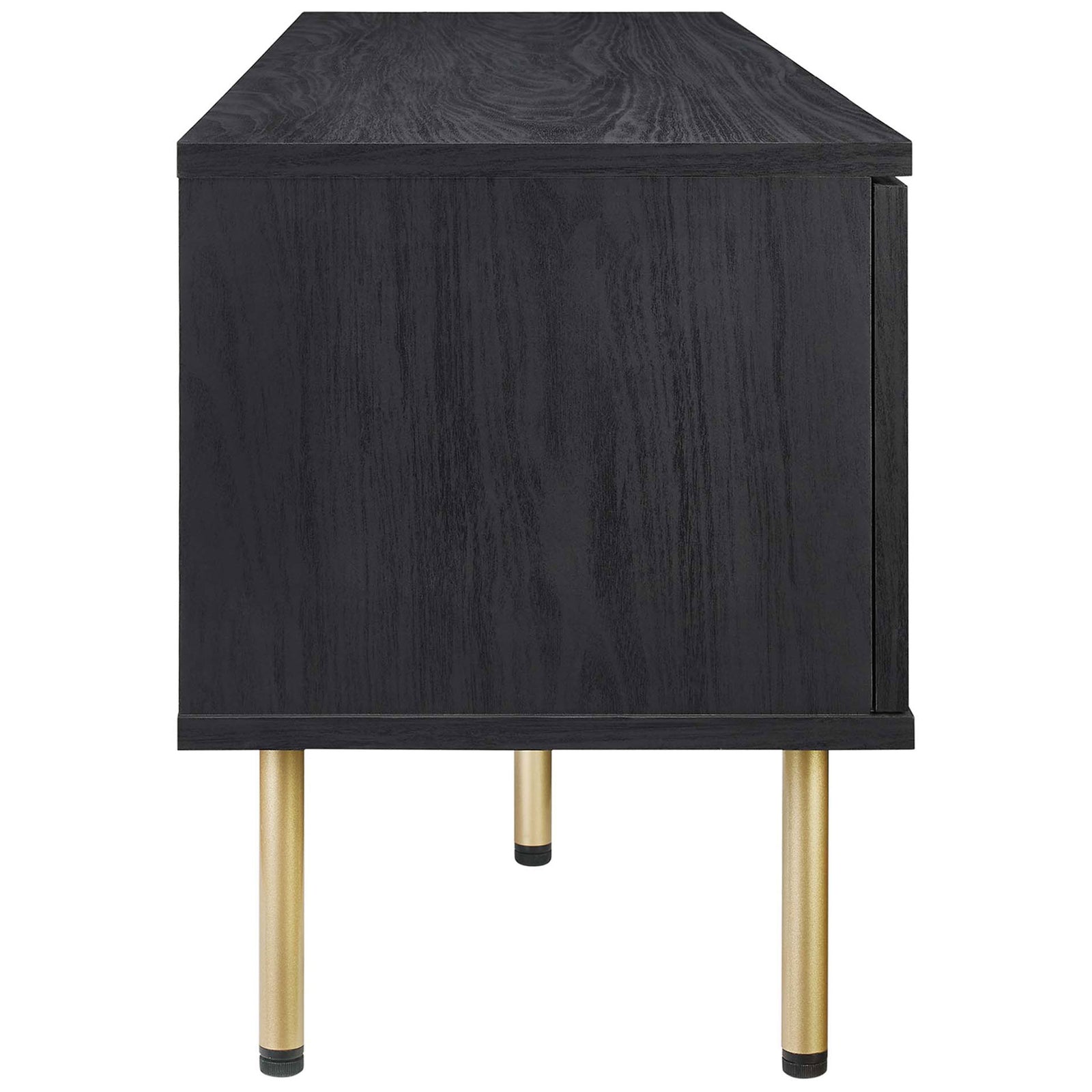 Black TV stand showing extended side panel and three gold cylindrical legs. || EEI-6045-BLK || side_studio