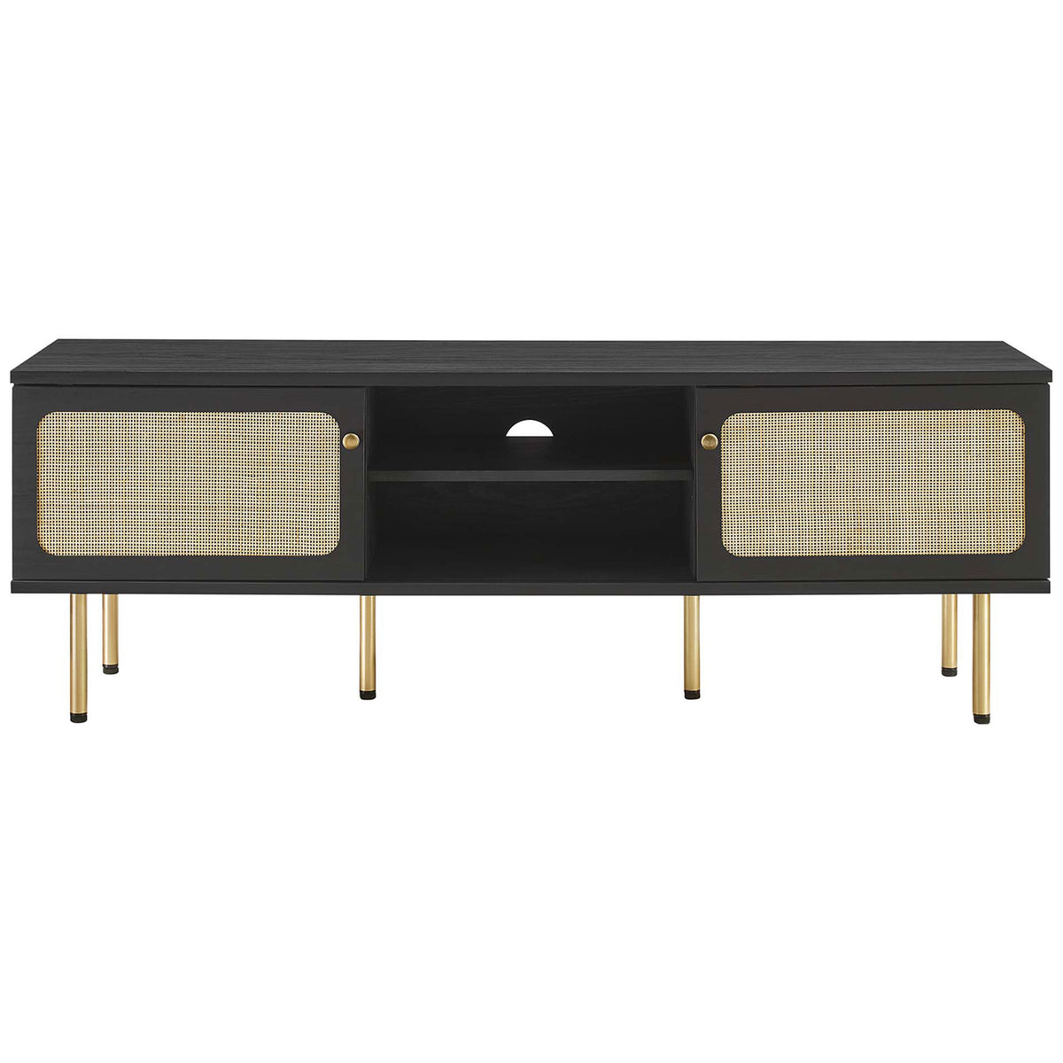 Black media console with woven rattan doors partially covering the adjustable center shelving. || EEI-6045-BLK || front_studio