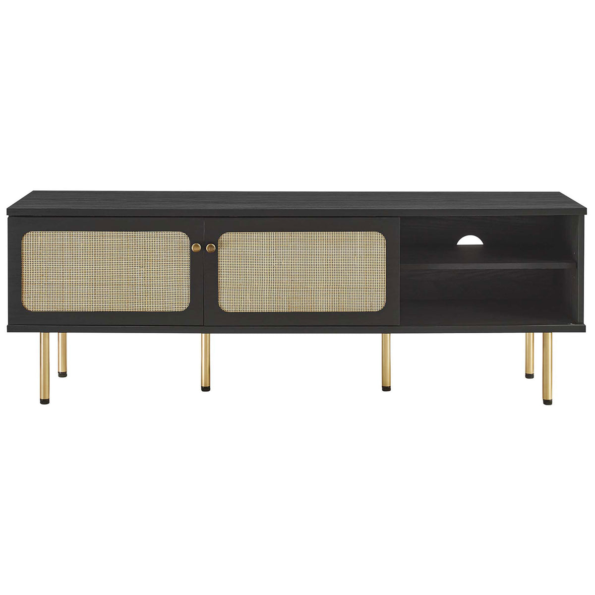 Black TV console with dual rattan sliding doors and central cable cutout for organized media storage. || EEI-6045-BLK || front_studio