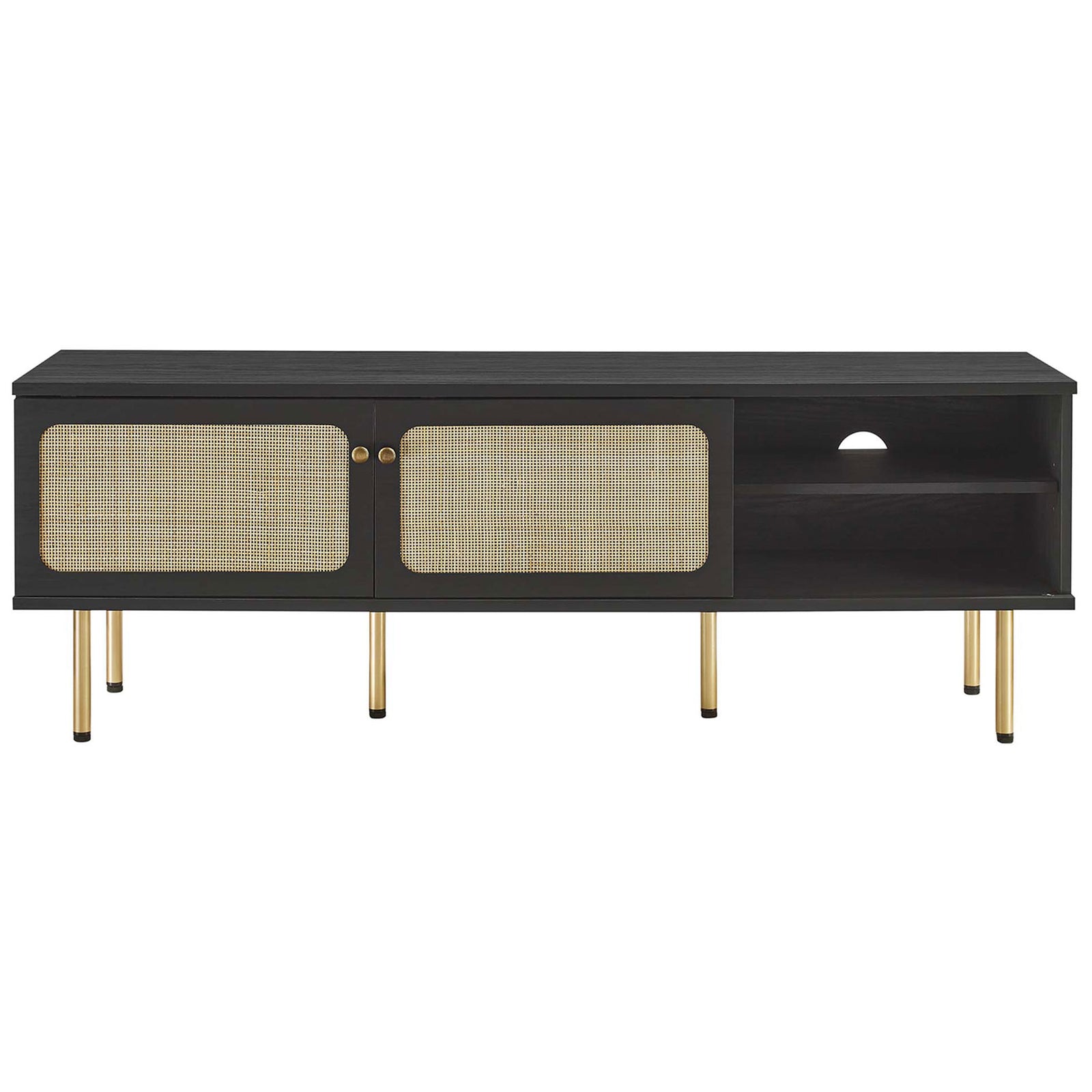 Black TV console with dual rattan sliding doors and central cable cutout for organized media storage. || EEI-6045-BLK || front_studio