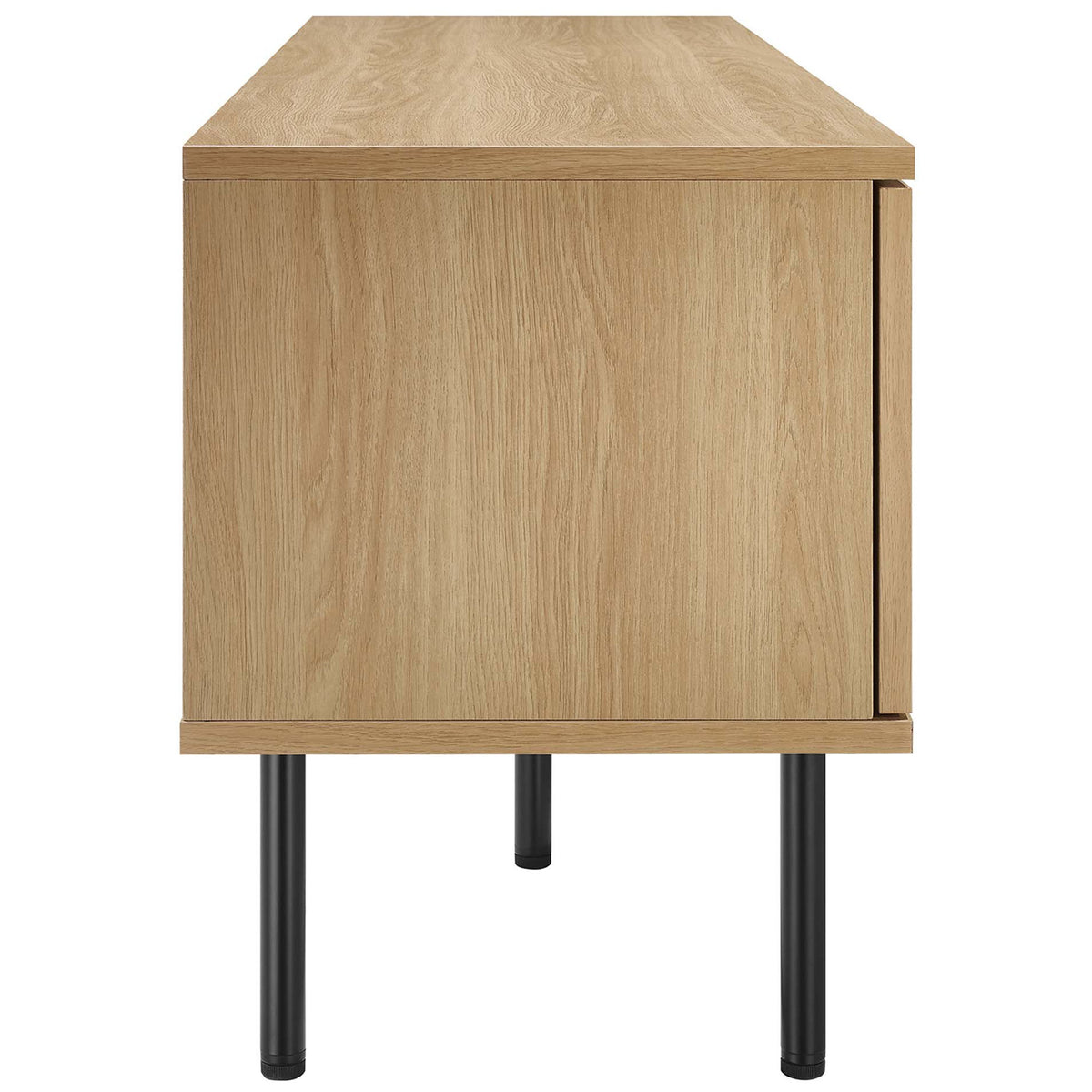 Oak TV stand showing long side panel and multiple black cylindrical legs. || EEI-6045-OAK || side_studio