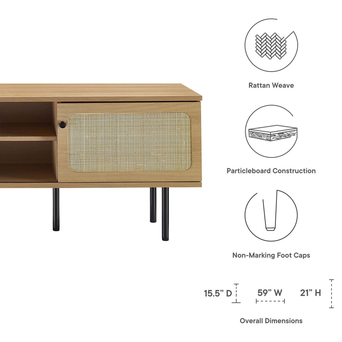 Oak TV stand with rattan doors, feature icons, and clearly labeled overall dimensions. || EEI-6045-OAK || dimension_studio