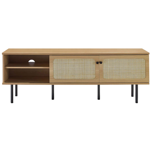 Long oak TV stand with two rattan sliding doors flanking open center shelves and black legs. || EEI-6045-OAK || front_studio