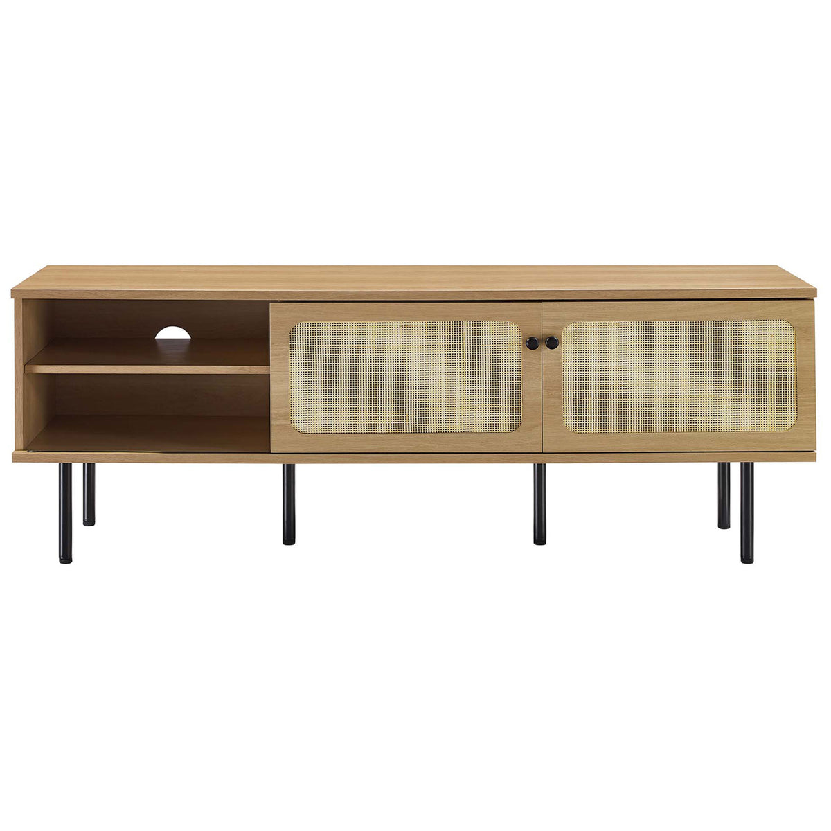Long oak TV stand with two rattan sliding doors flanking open center shelves and black legs. || EEI-6045-OAK || front_studio