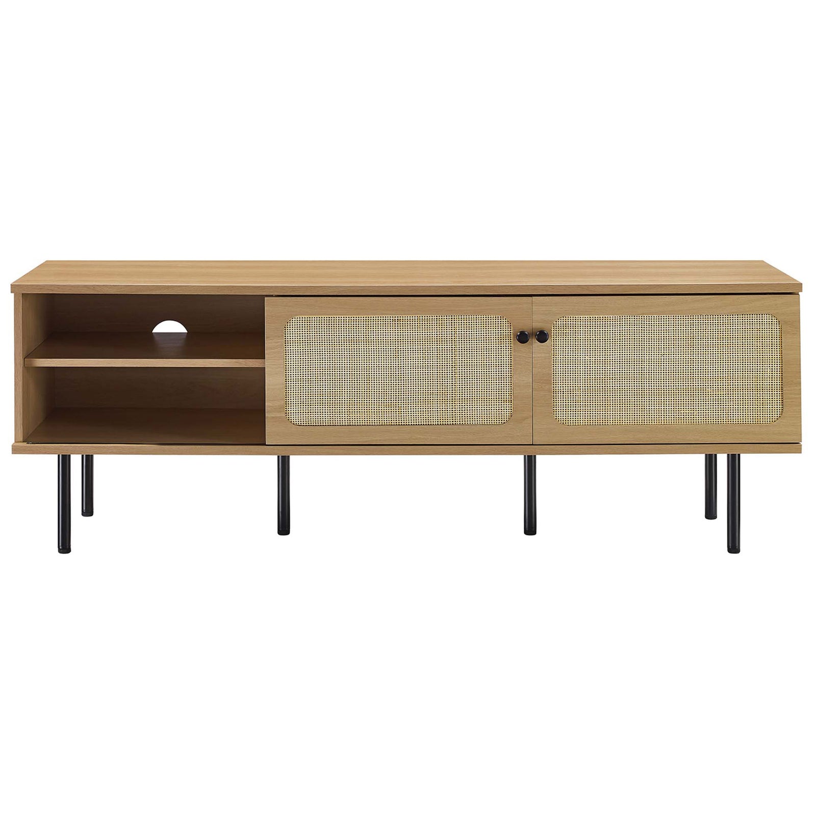 Long oak TV stand with two rattan sliding doors flanking open center shelves and black legs. || EEI-6045-OAK || front_studio