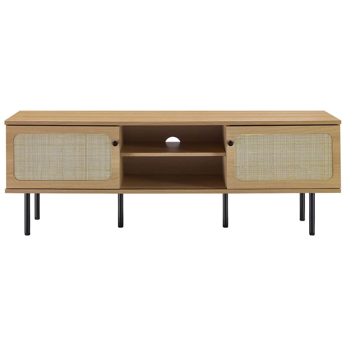 Oak media console with woven rattan doors positioned to partially cover the center storage area. || EEI-6045-OAK || front_studio