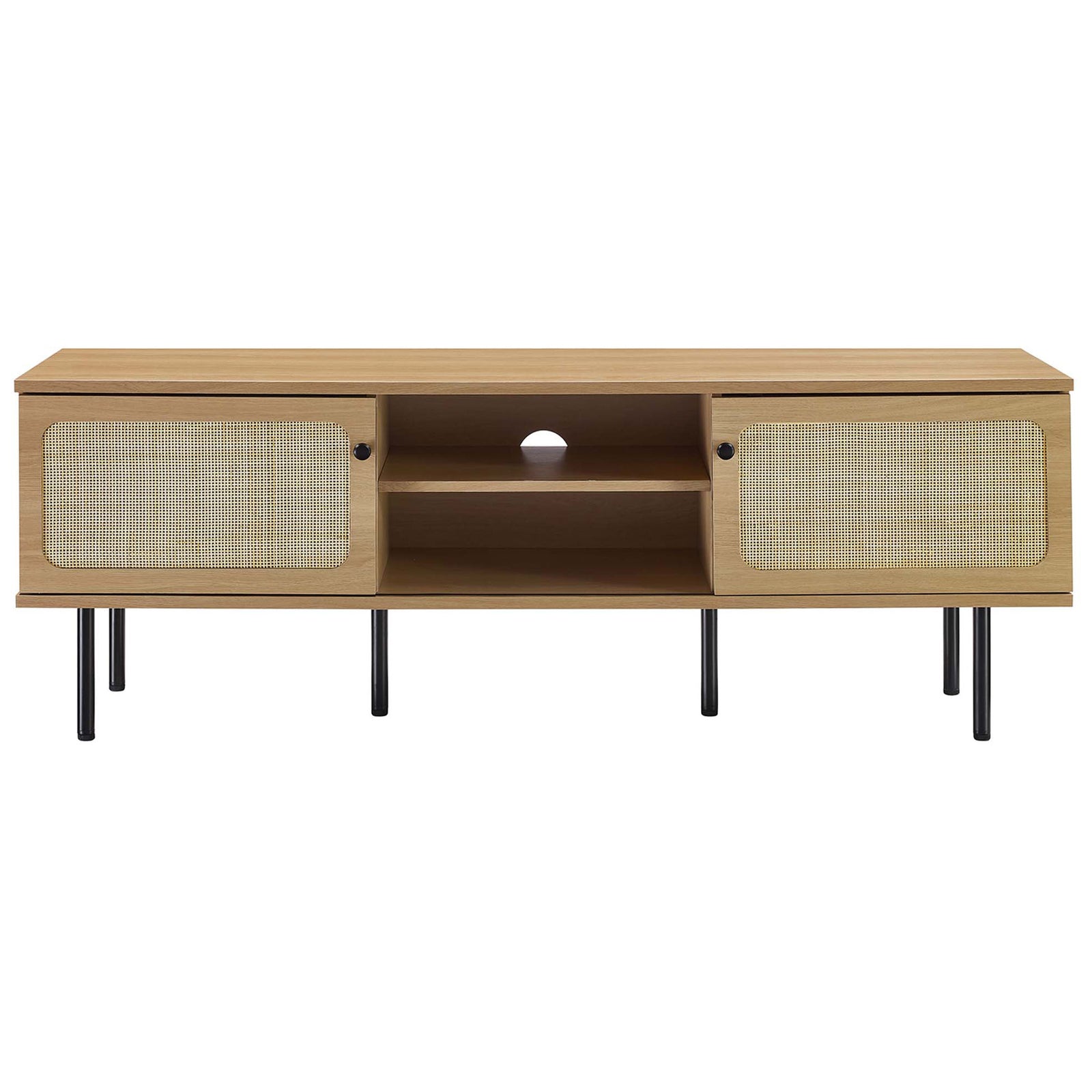 Oak media console with woven rattan doors positioned to partially cover the center storage area. || EEI-6045-OAK || front_studio