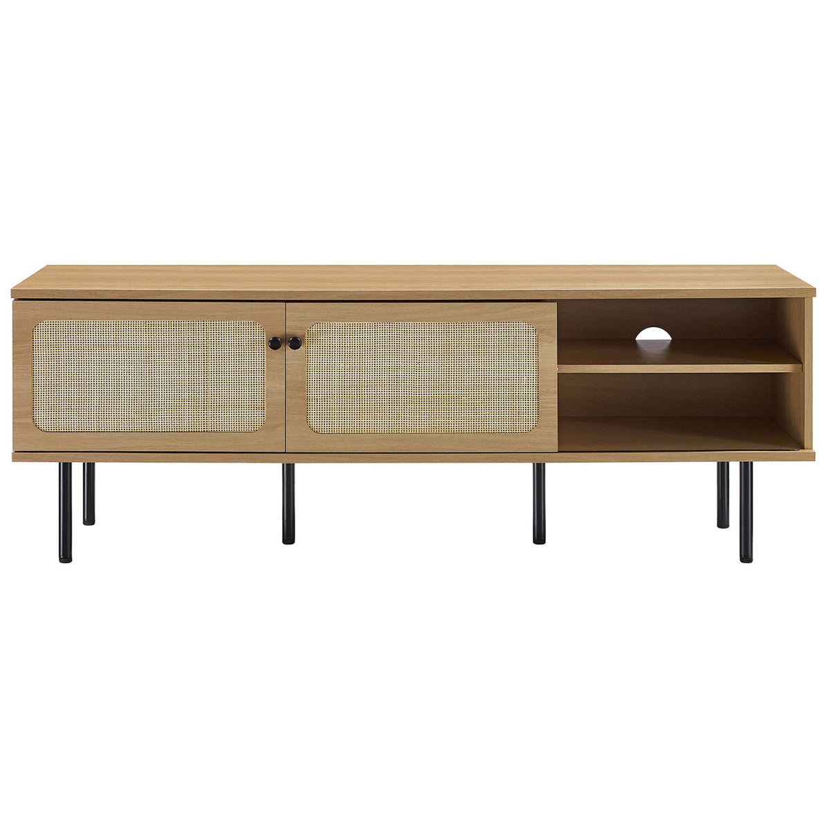 Oak TV console with dual rattan doors and a central cable cutout above open shelving. || EEI-6045-OAK || front_studio