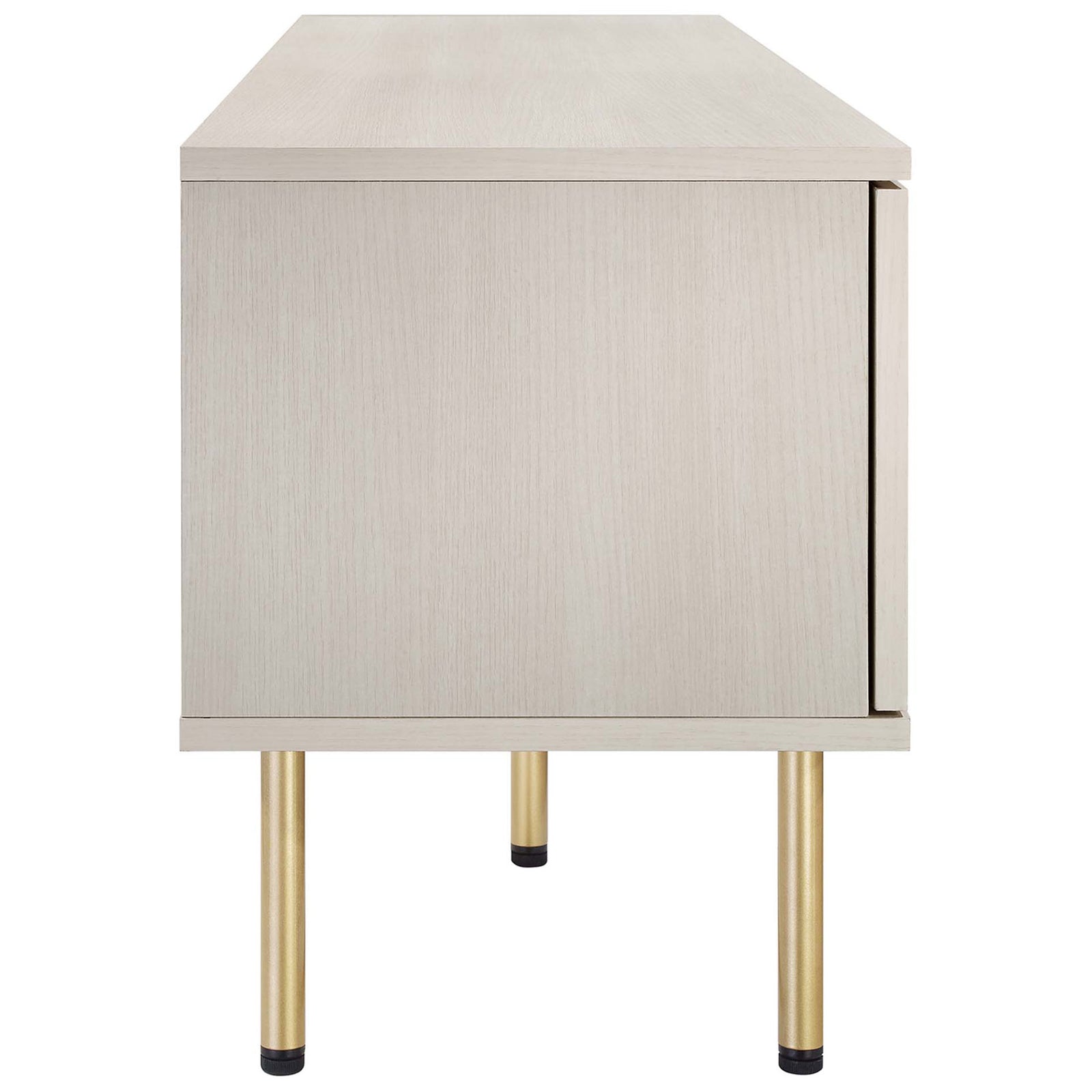 White TV stand showing long side panel and multiple gold cylindrical support legs. || EEI-6045-WHI || side_studio
