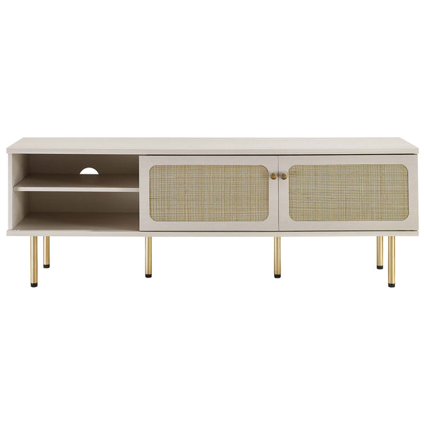 Long white TV stand with two rattan sliding doors flanking open center shelves and gold legs. || EEI-6045-WHI || front_studio