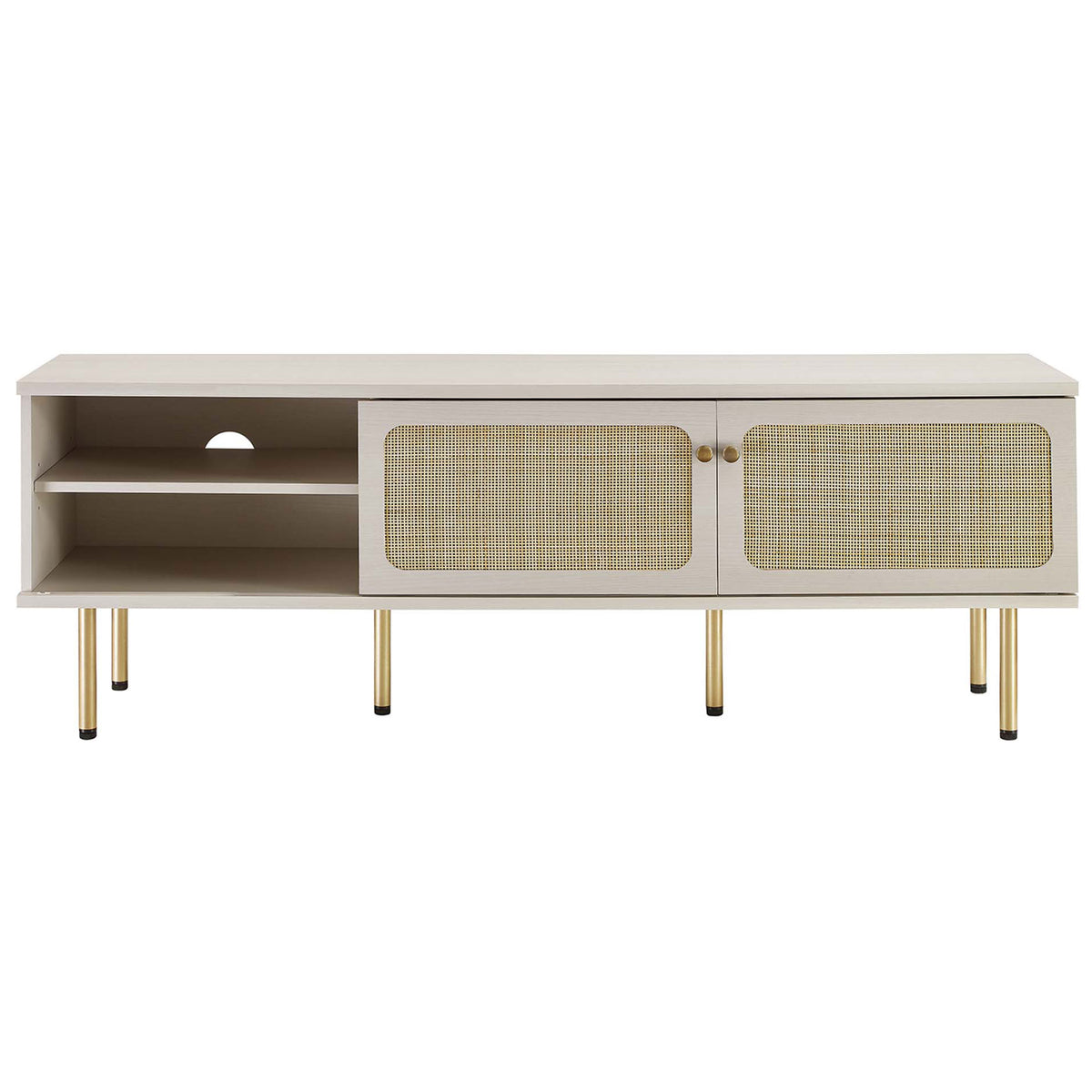 Long white TV stand with two rattan sliding doors flanking open center shelves and gold legs. || EEI-6045-WHI || front_studio