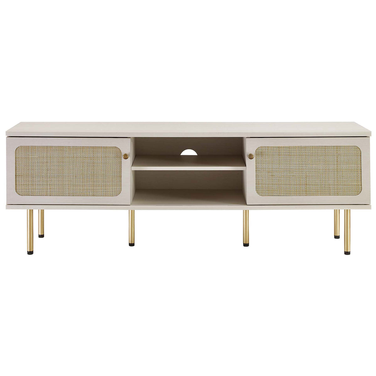 White media console with woven rattan doors partly covering the central storage compartment. || EEI-6045-WHI || front_studio