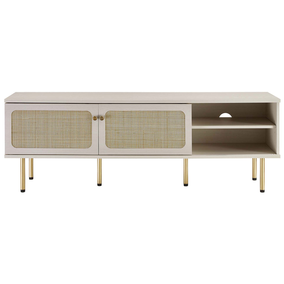 White TV console with dual rattan doors and a central cable cutout above open shelving. || EEI-6045-WHI || front_studio