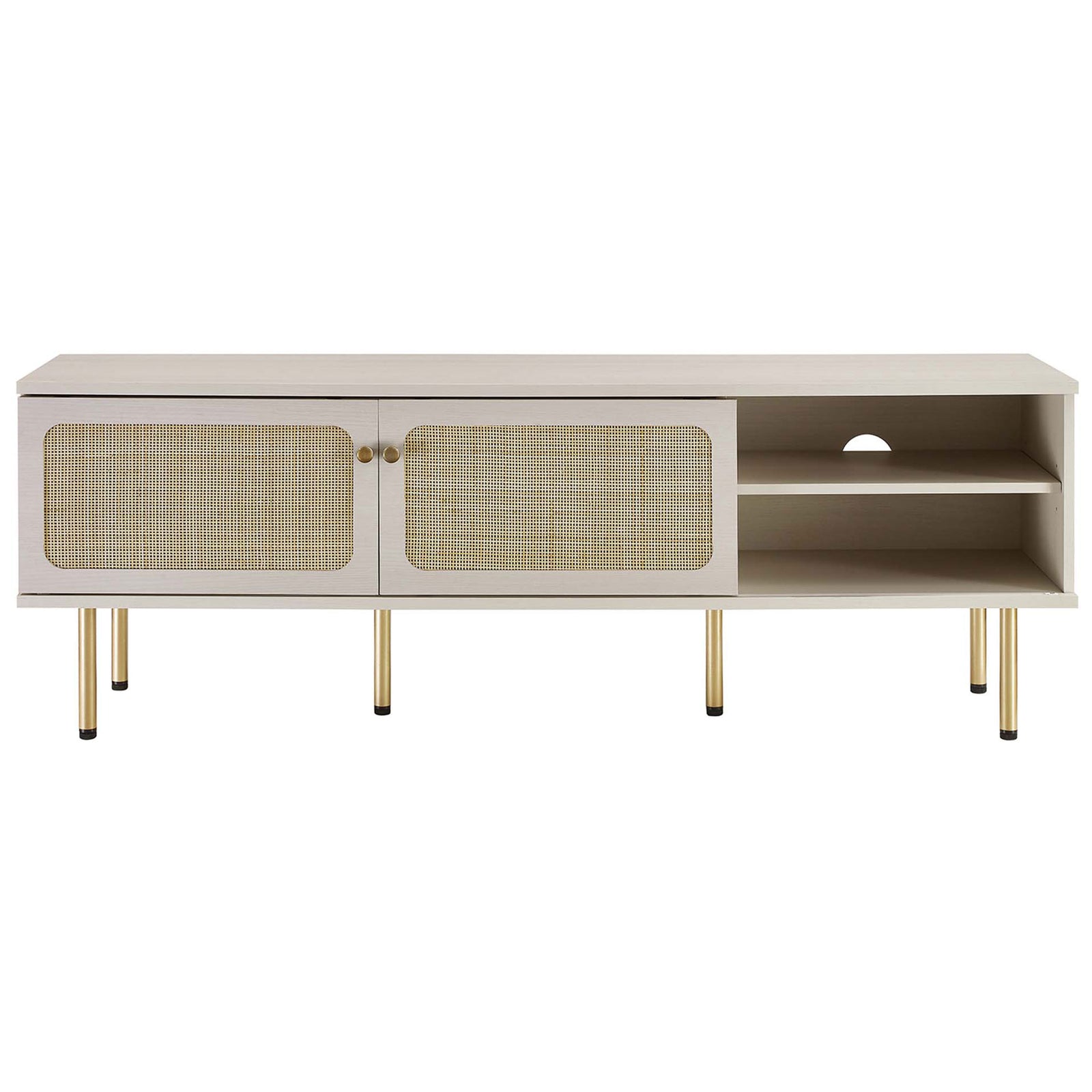 White TV console with dual rattan doors and a central cable cutout above open shelving. || EEI-6045-WHI || front_studio