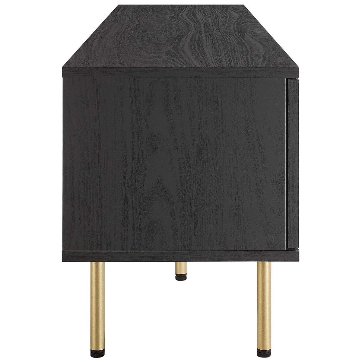 Black TV stand showing long side panel and multiple gold cylindrical legs for support. || EEI-6046-BLK || side_studio