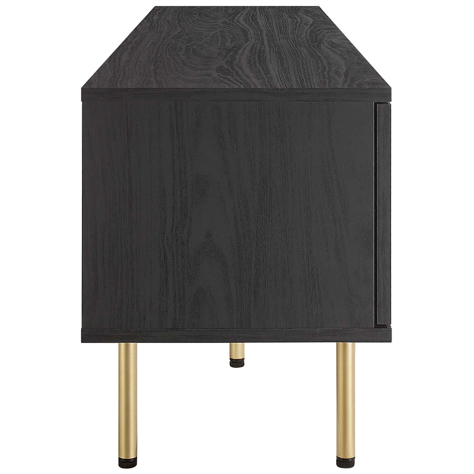 Black TV stand showing long side panel and multiple gold cylindrical legs for support. || EEI-6046-BLK || side_studio