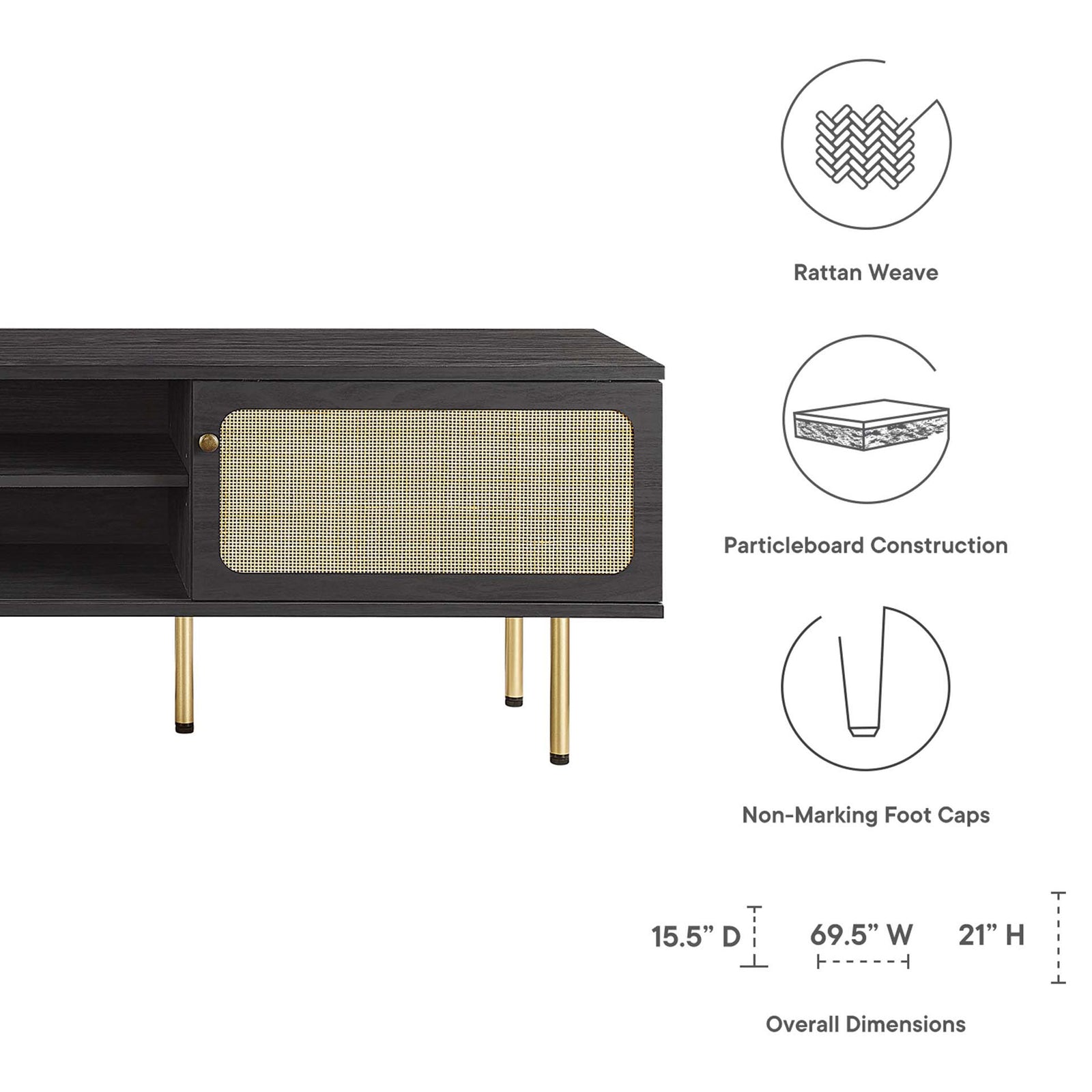 Black TV stand with rattan doors, feature icons, and overall width and height dimensions shown. || EEI-6046-BLK || dimension_studio