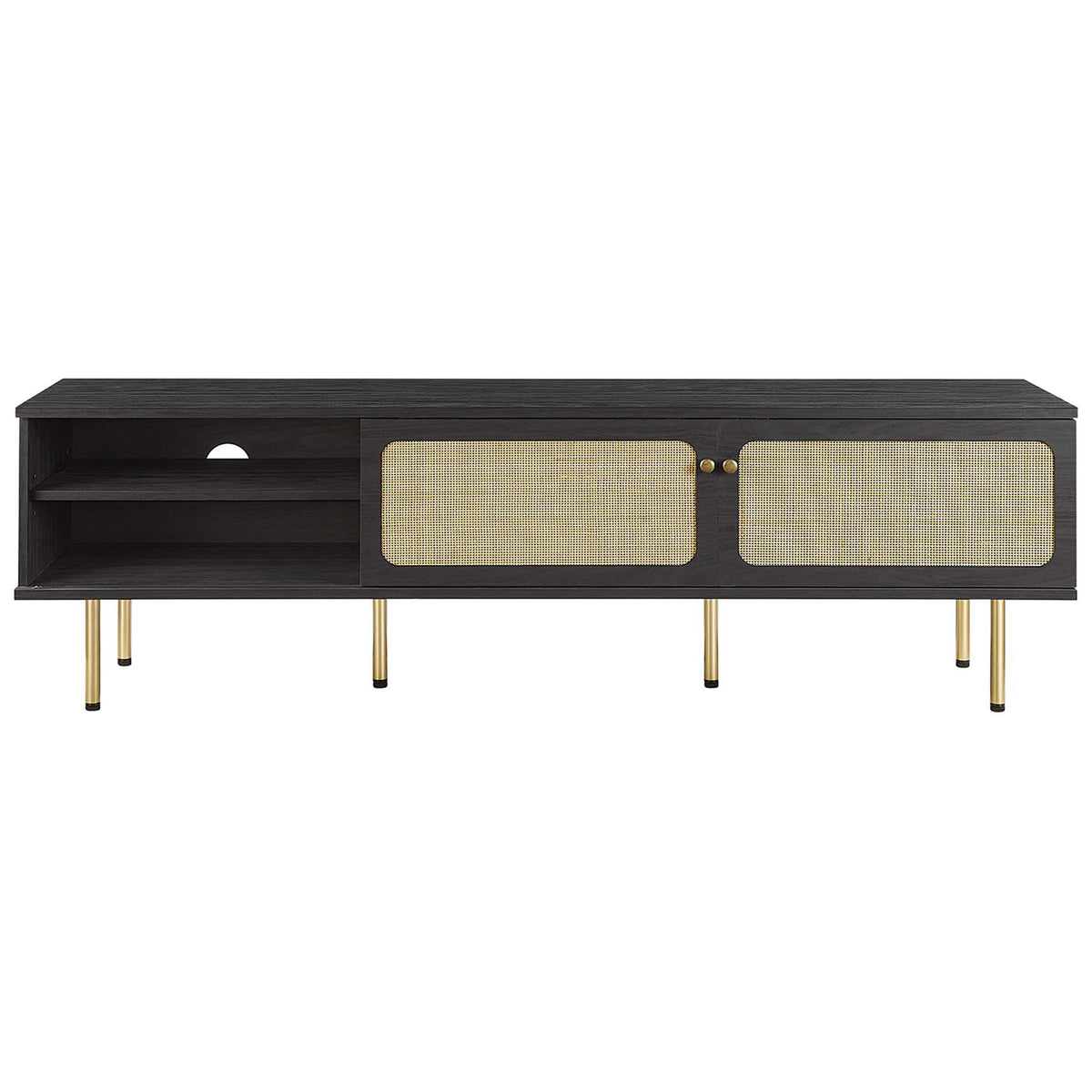 Black media console with woven rattan doors partially covering the adjustable center shelving. || EEI-6045-BLK || front_studio