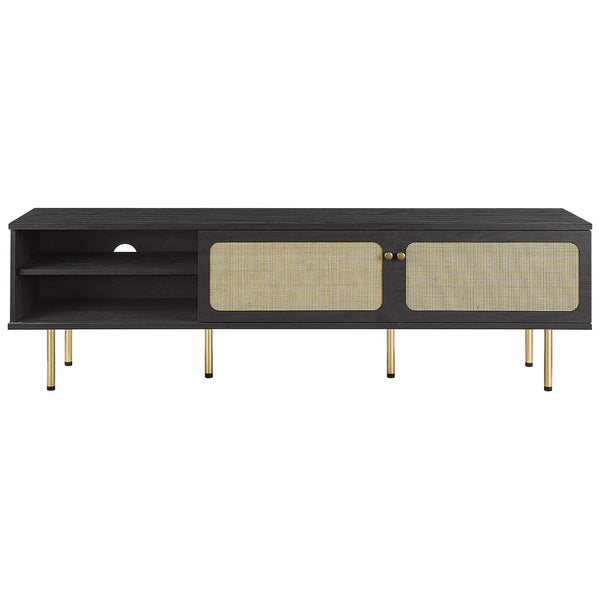 Extra-long black TV stand with two rattan sliding doors framing open center shelves and gold legs. || EEI-6046-BLK || front_studio