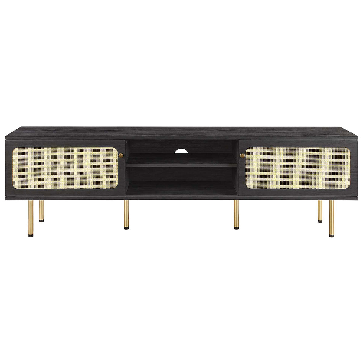 Black media console with wide rattan doors gliding to conceal or reveal the central storage. || EEI-6046-BLK || front_studio