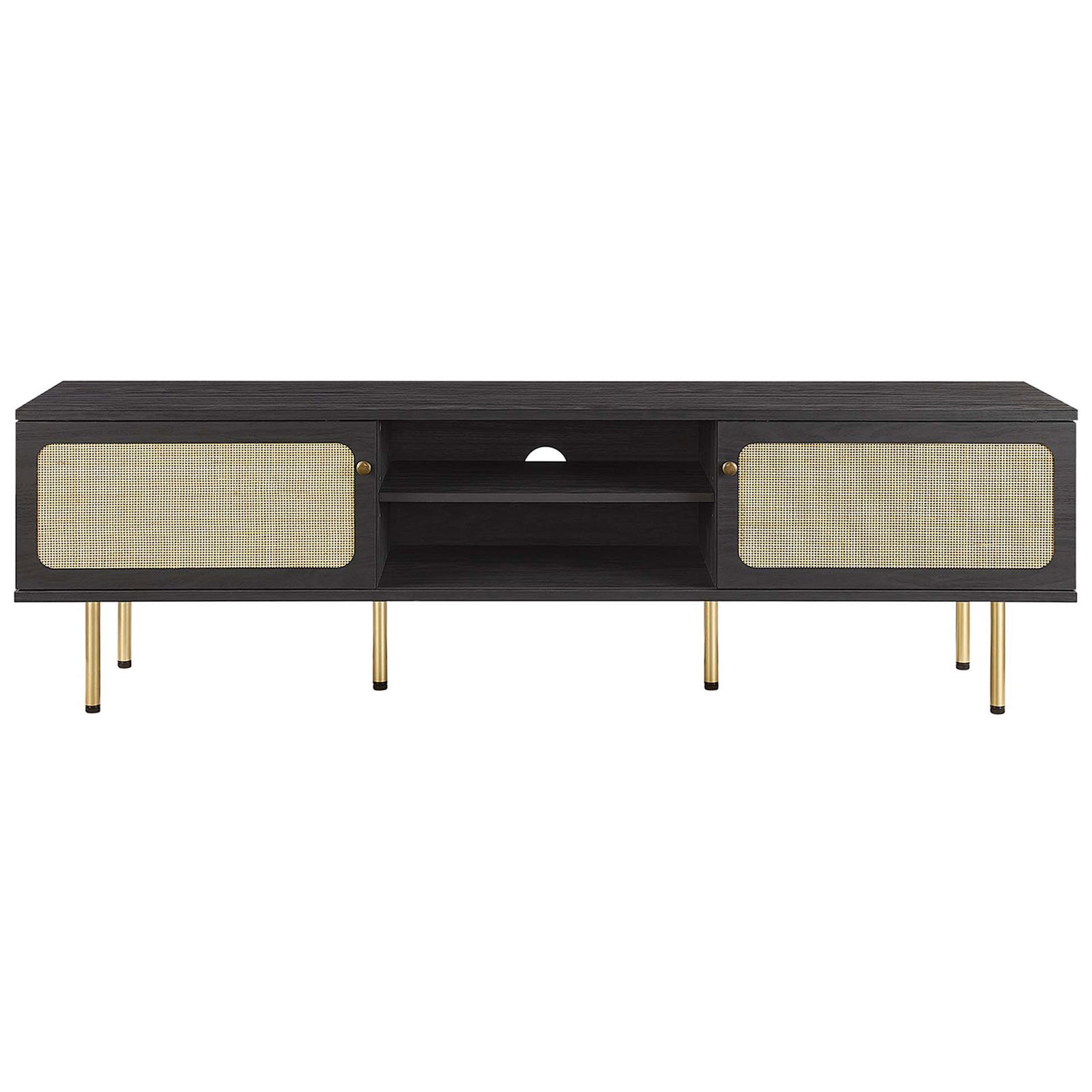 Black media console with wide rattan doors gliding to conceal or reveal the central storage. || EEI-6046-BLK || front_studio