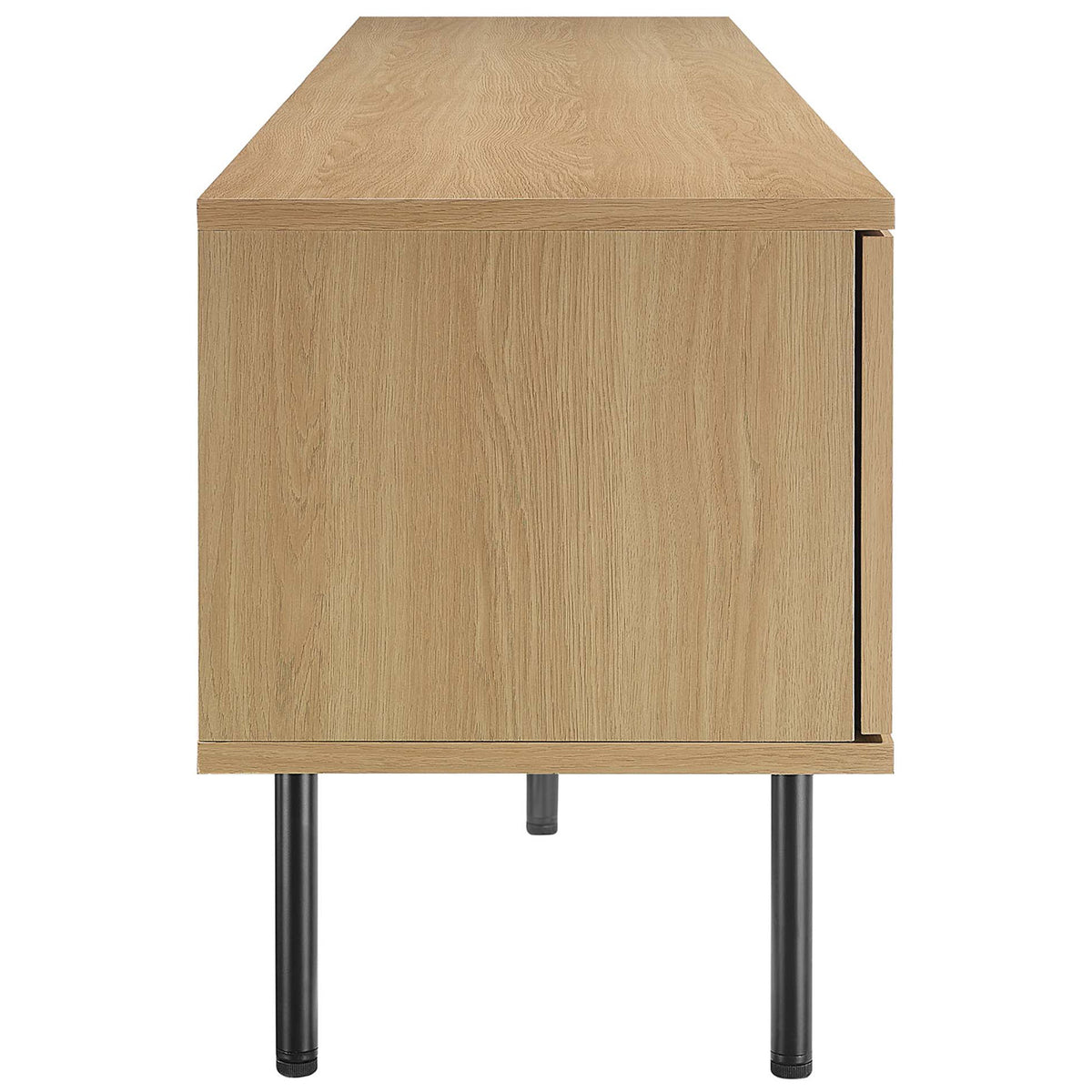 Oak TV stand showing extended side panel and several black cylindrical support legs. || EEI-6046-OAK || side_studio