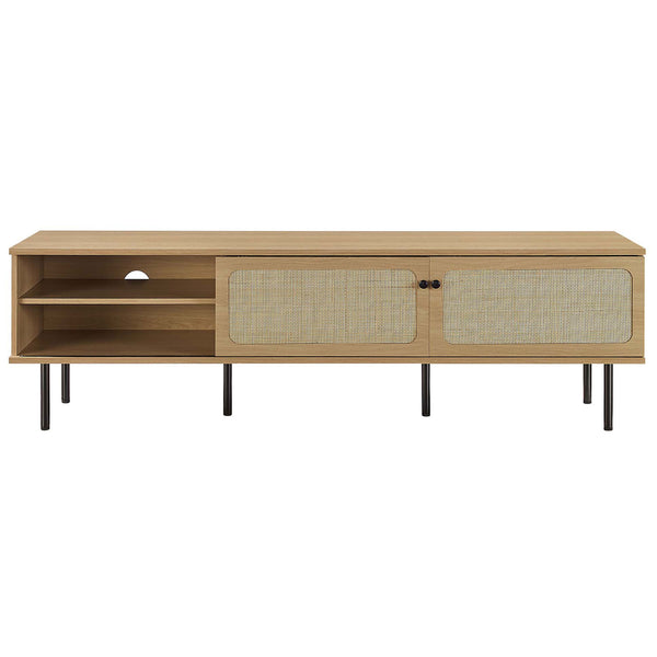 Extra-long oak TV stand with two rattan sliding doors framing open center shelving and black legs. || EEI-6046-OAK || front_studio