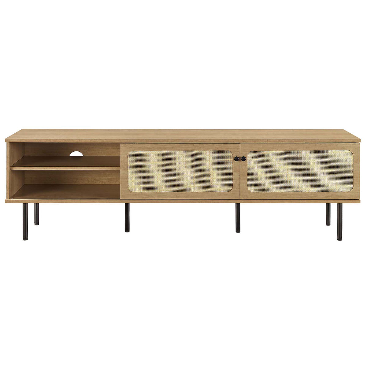 Extra-long oak TV stand with two rattan sliding doors framing open center shelving and black legs. || EEI-6046-OAK || front_studio