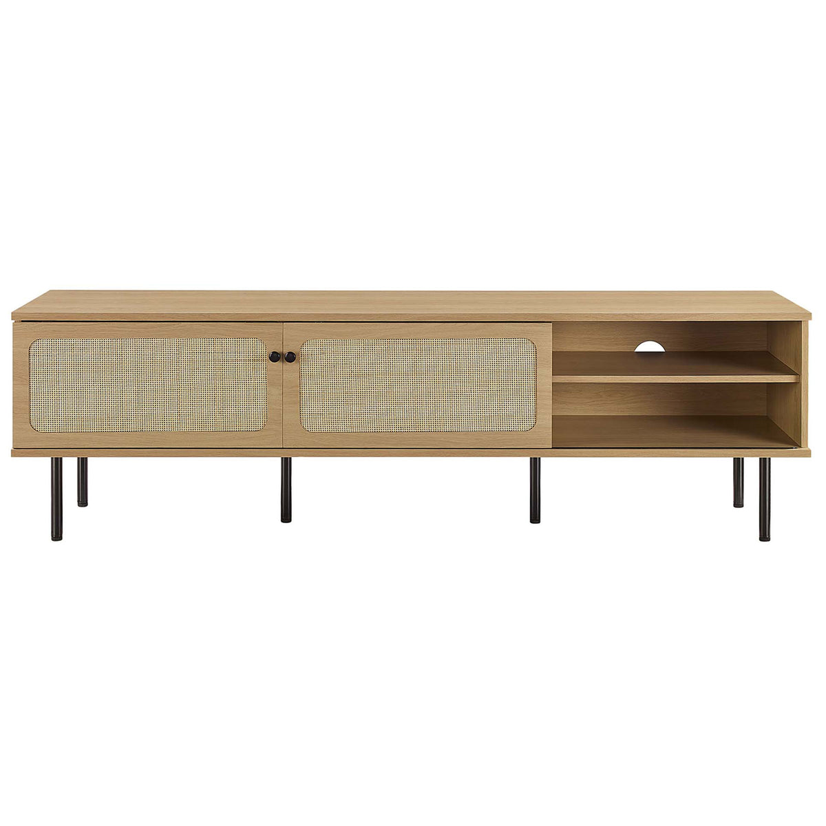 Oak TV console with dual rattan doors and a centered cable cutout above open shelves. || EEI-6046-OAK || front_studio