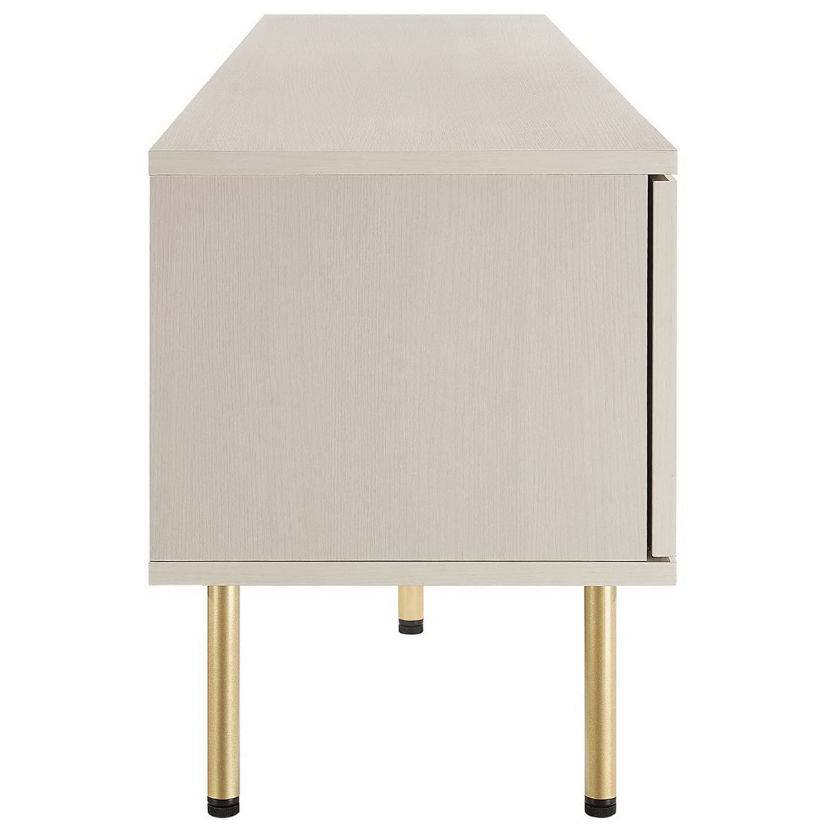White TV stand showing extended side panel and several gold cylindrical support legs. || EEI-6046-WHI || side_studio