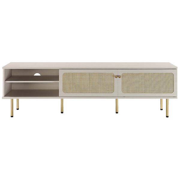 Extra-long white TV stand with two rattan sliding doors framing open center shelves and gold legs. || EEI-6046-WHI || front_studio