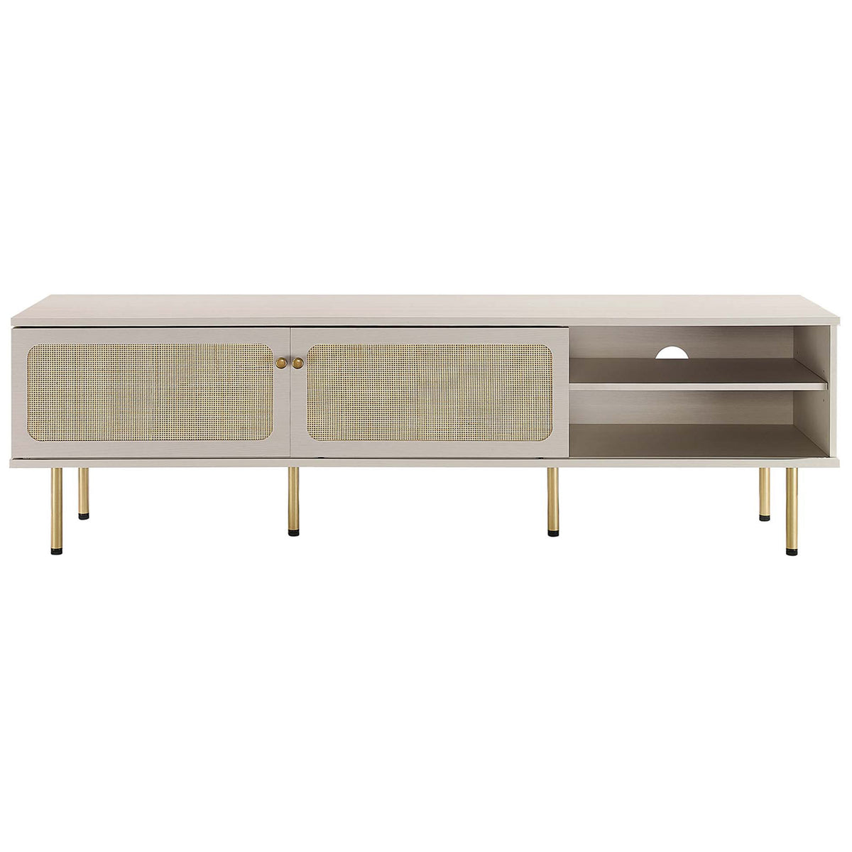 White TV console with dual rattan doors and a centered cable cutout above open shelving. || EEI-6046-WHI || front_studio
