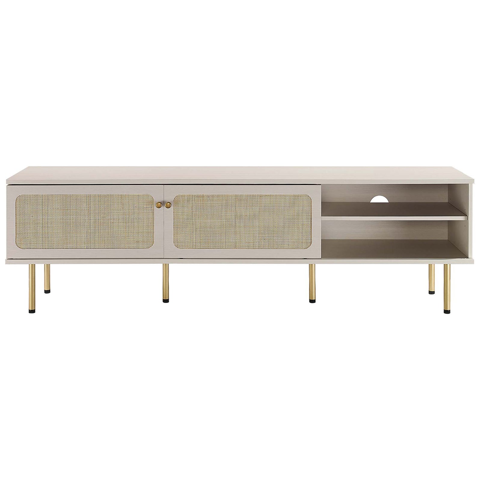 White TV console with dual rattan doors and a centered cable cutout above open shelving. || EEI-6046-WHI || front_studio